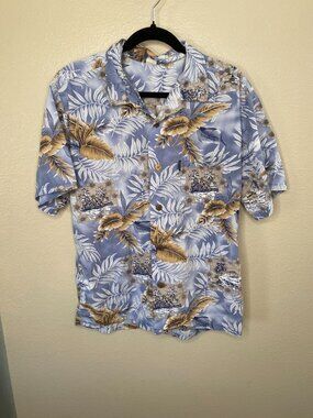 Vintage Palmwave Hawaiian Blue Floral Button-Up Shirt Mens L 100% Cotton Relaxed